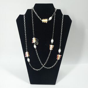 Hobe Glass Bead Necklace White Red Yellow Silvertone Chain MCM Vintage w/Tag